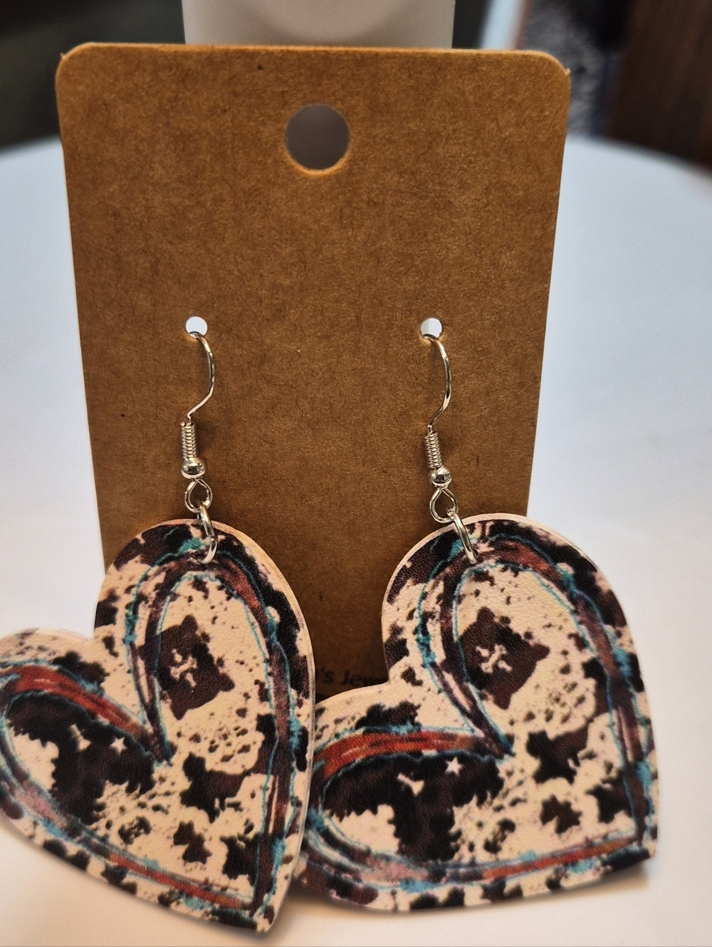 Handmade Heart Drop Earrings in Cream, Black & Teal - Unbranded Western
